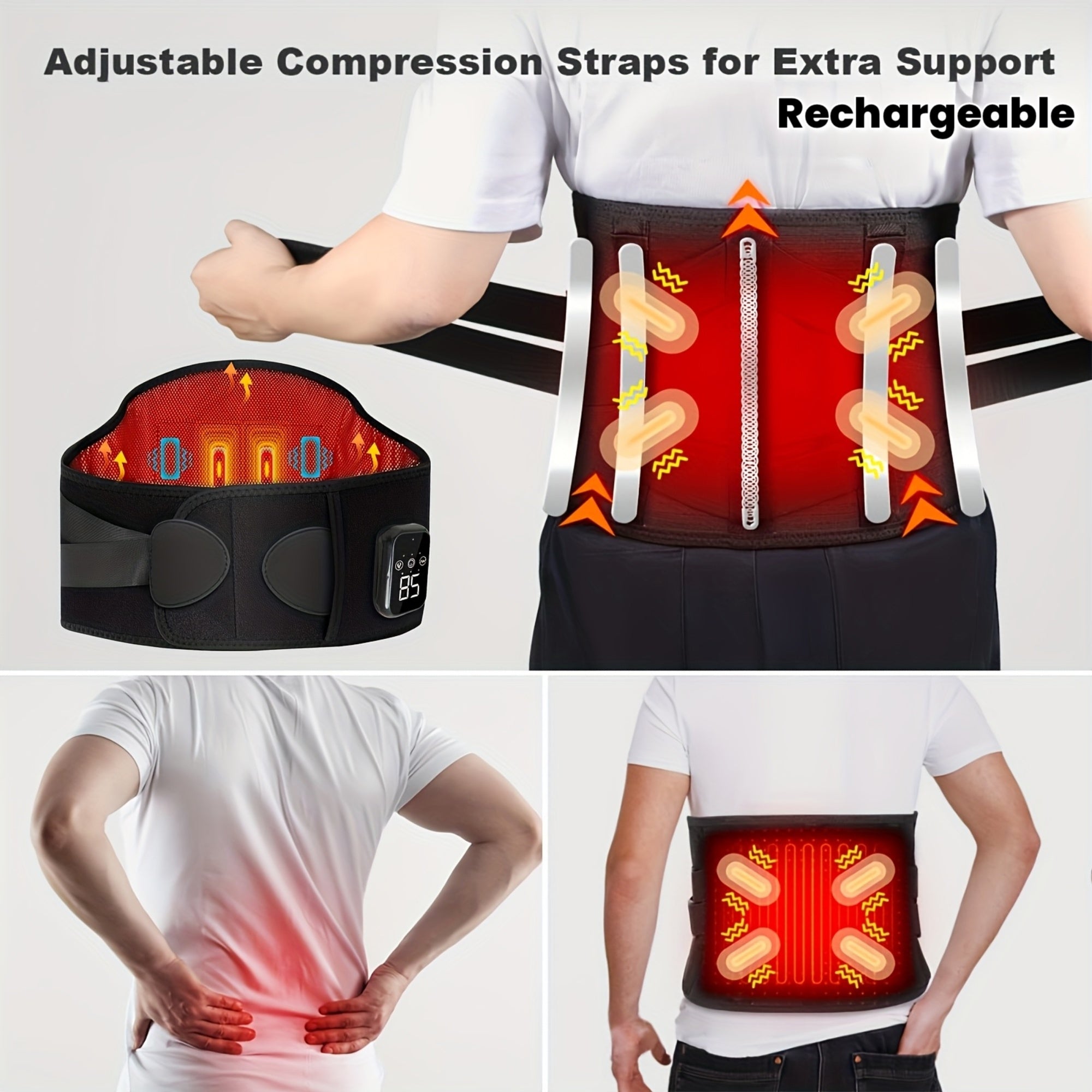 EdsonFit Wireless Massage Belt with Heat & Lumbar Support - USB Rechargeable, 3 Heating & Vibration Modes